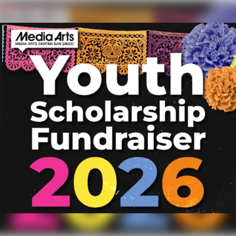 Brightly colored papel picado and marigolds adorn the background of a graphic announcing a Youth Scholarship Fundraiser in 2026.