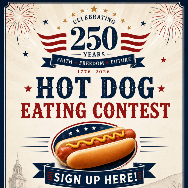 A patriotic poster for a hot dog eating contest features a close-up of a hot dog in the foreground, with fireworks and American flag motifs in the background.
