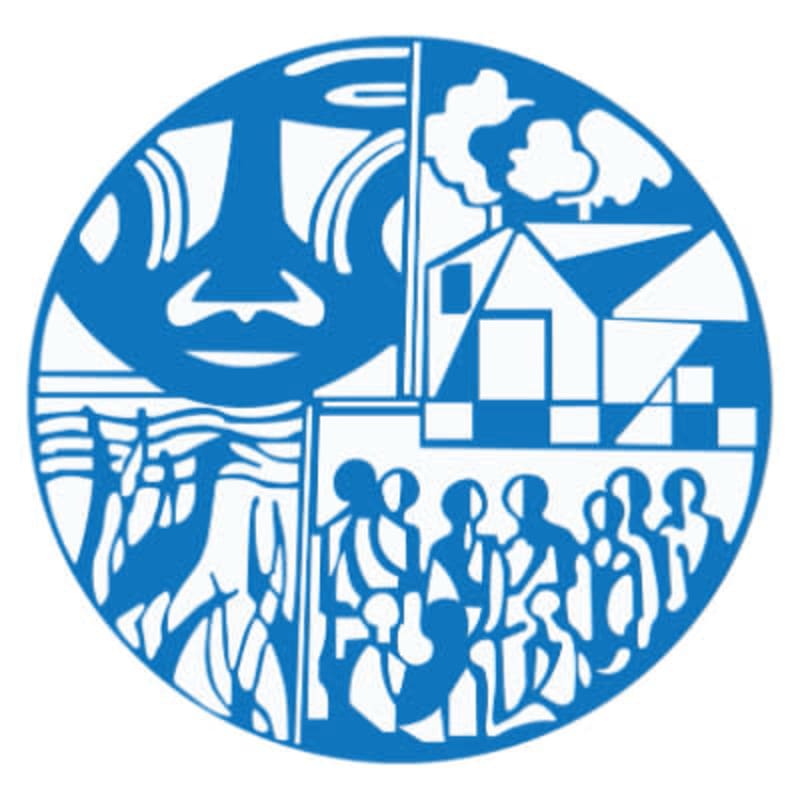A blue circular emblem features a stylized face in the upper left, a house and trees in the upper right, birds in reeds in the lower left, and a crowd of people in the lower right.