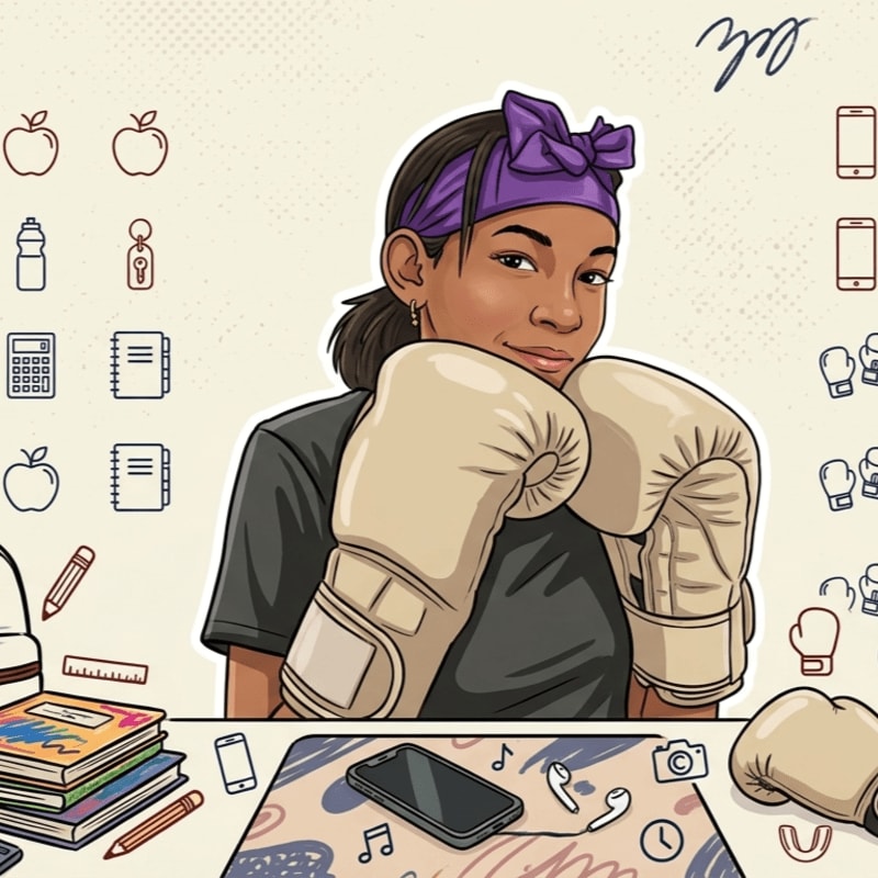 A young girl with boxing gloves on poses in front of a desk filled with school supplies and a phone, while icons of school and sports items fill the background.