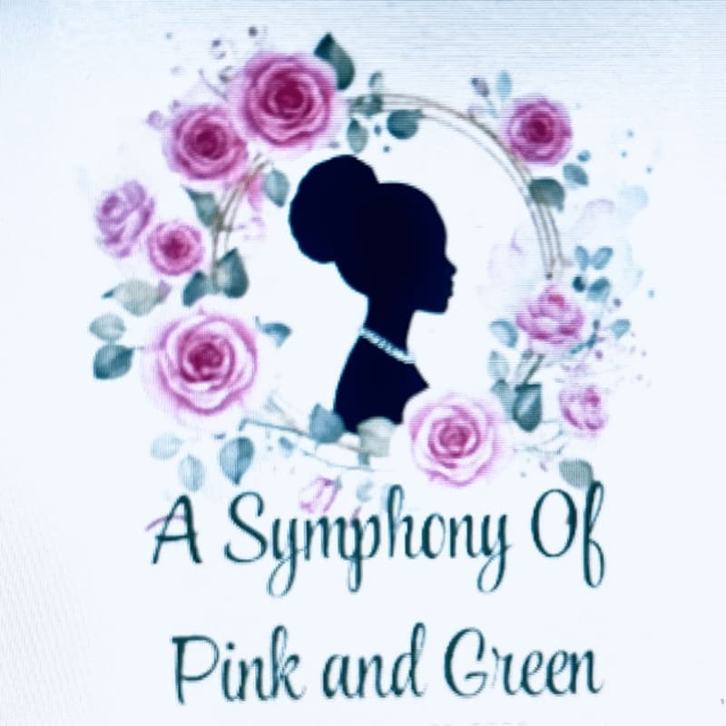 A silhouette of a woman's profile, adorned with a pearl necklace, is framed by a wreath of pink roses and green leaves, with the text "A Symphony Of Pink and Green" below.