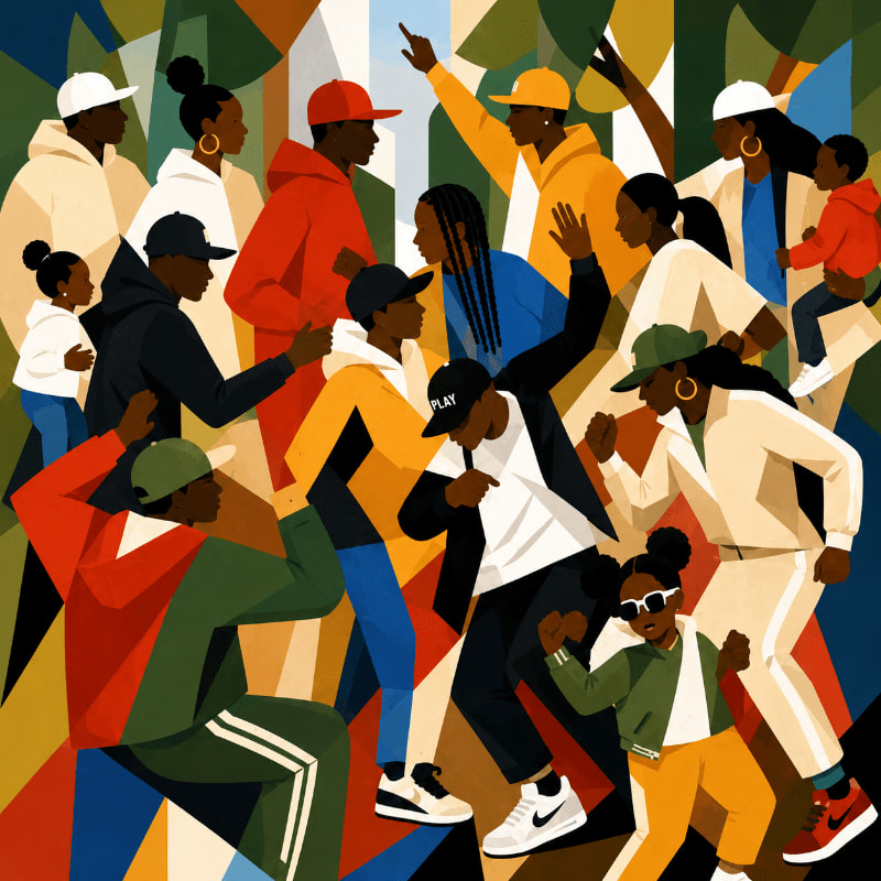 A vibrant, abstract background frames a diverse group of people in dynamic poses, some dancing and others gesturing.