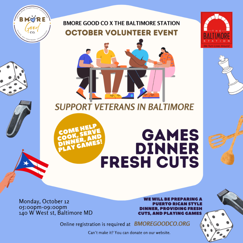A flyer for a volunteer event to support veterans in Baltimore features a drawing of people sharing a meal in the foreground, with dice, a chess piece, and kitchen utensils scattered around the background.