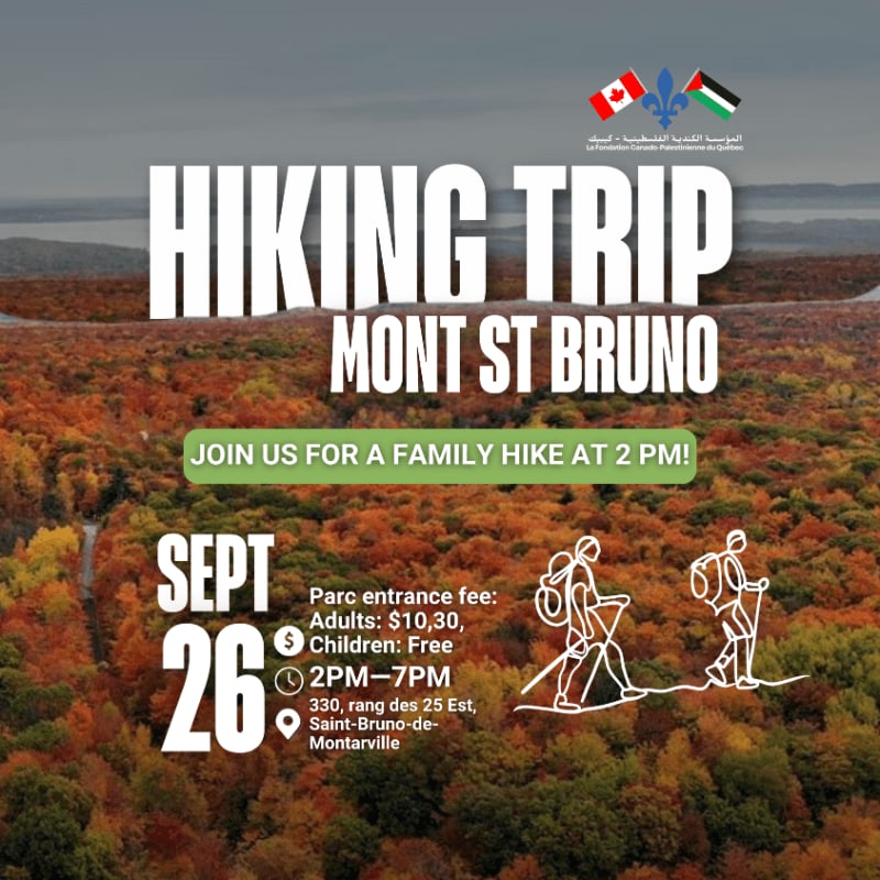 A vibrant autumn forest with a winding path in the foreground serves as the backdrop for a poster advertising a hiking trip to Mont St. Bruno.