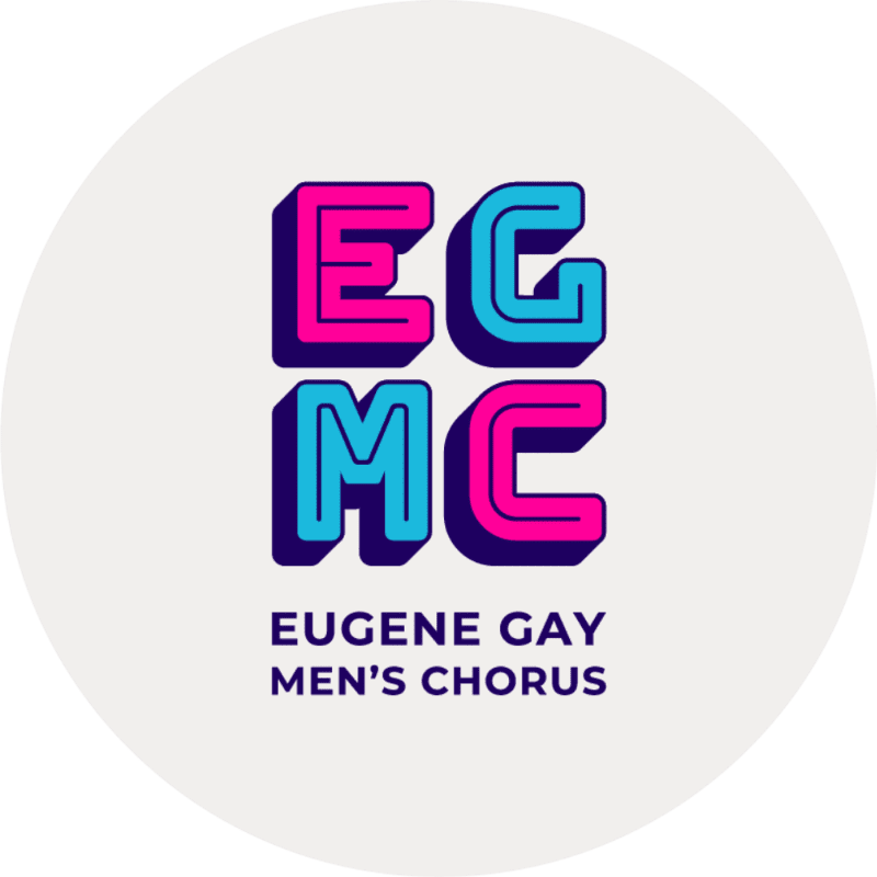 The foreground features the letters "EGMC" in bold pink and blue 3D lettering, with the words "EUGENE GAY MEN'S CHORUS" below, all set against a light gray circular background.