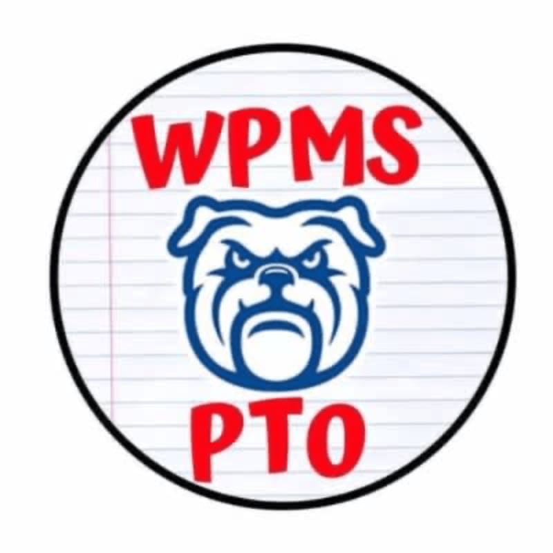 A stern bulldog mascot is centered on a lined paper background within a black circle, with "WPMS" above and "PTO" below.