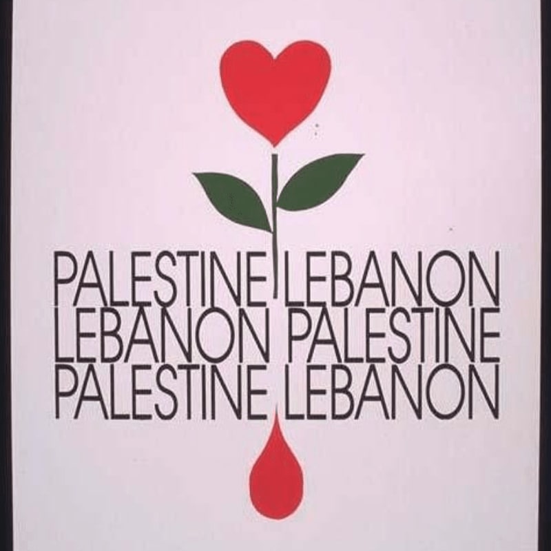 A red heart atop a stem with leaves is centered above repeating text of "PALESTINE LEBANON" and "LEBANON PALESTINE," with a single red drop falling below.