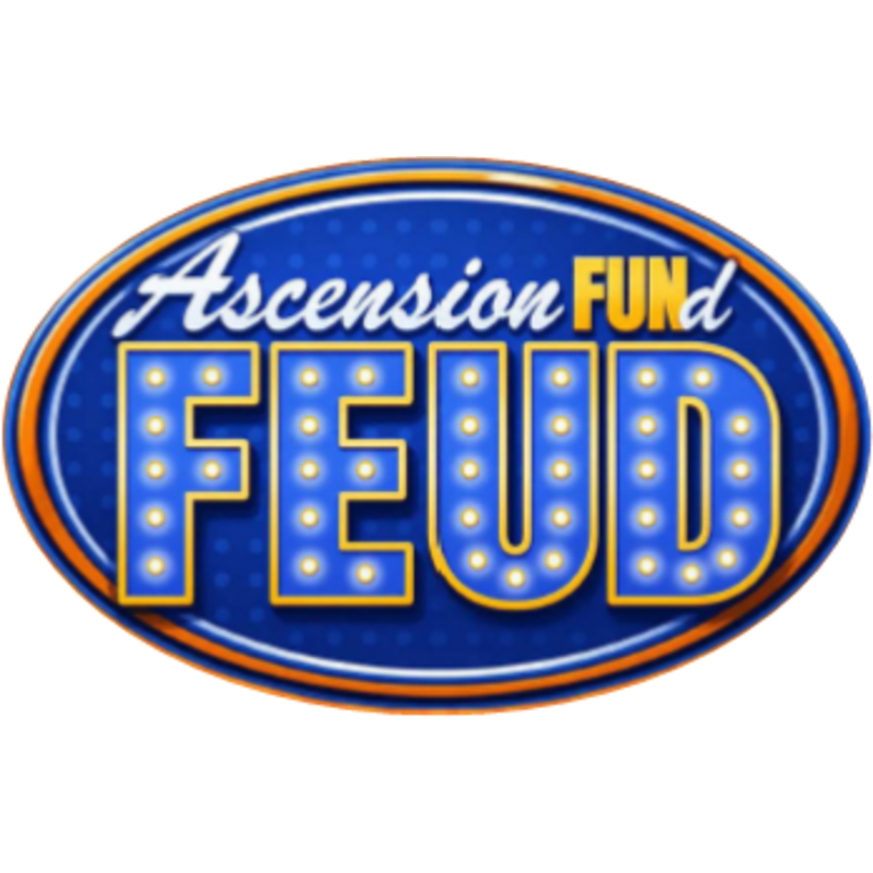 A blue oval logo with "Ascension FUNd FEUD" written in bright, marquee-style letters against a dark blue background.