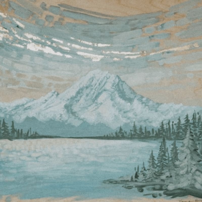 A serene lake with a snow-capped mountain in the background is framed by a line of evergreen trees in the foreground.