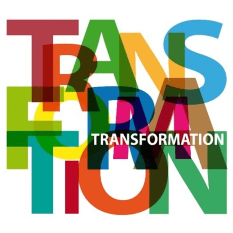 Colorful, overlapping letters spell out "TRANSFORMATION" in the foreground against a white background.