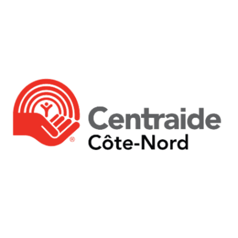 A red hand cradles concentric red arcs with a stylized person inside, next to the gray text "Centraide Côte-Nord" on a white background.