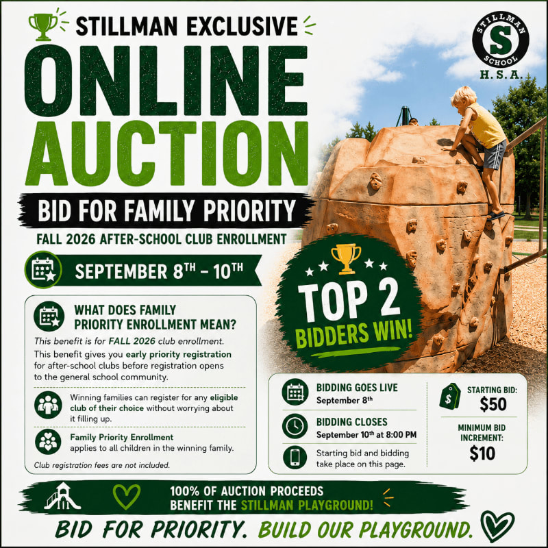 A boy climbs a rock wall in the background, while the foreground displays an advertisement for an online auction benefiting the Stillman Playground.