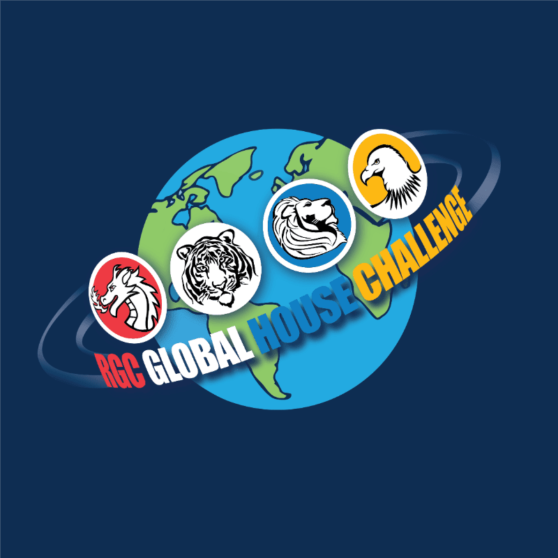 A globe with four animal emblems and the text "RGC GLOBAL HOUSE CHALLENGE" encircles it against a dark blue background.