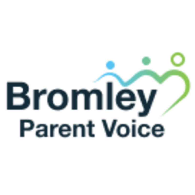 The foreground features the words "Bromley Parent Voice" in dark blue text, while the background is a clean white with a stylized heart and three figures in green and blue.