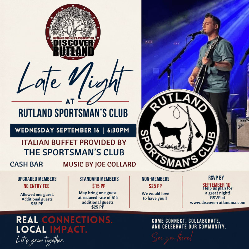 A flyer for a "Late Night at Rutland Sportsman's Club" event is displayed with a musician performing on stage in the background.