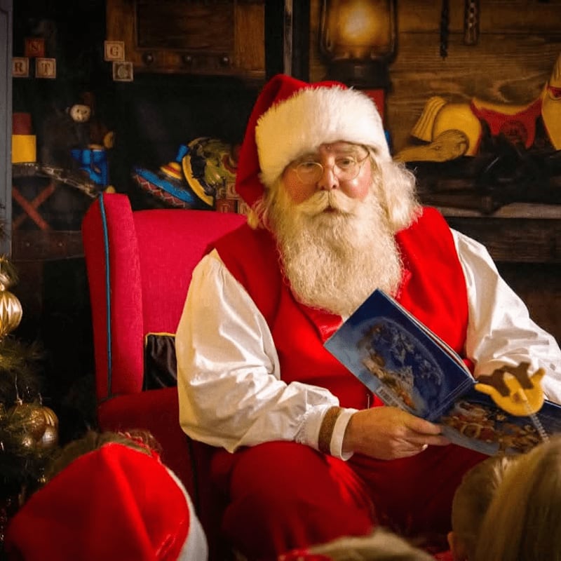 Santa Claus, dressed in his iconic red suit, sits in a plush red chair reading a book to children whose red hats are visible in the foreground, while a decorated Christmas tree and wooden blocks are in the background.