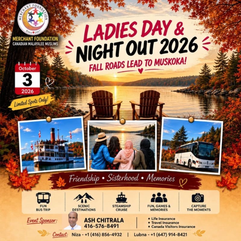 Two Adirondack chairs face a serene lake with a sunset in the background, while the foreground features three framed photos of a steamship, friends, and a bus, all surrounded by autumn leaves and event details.
