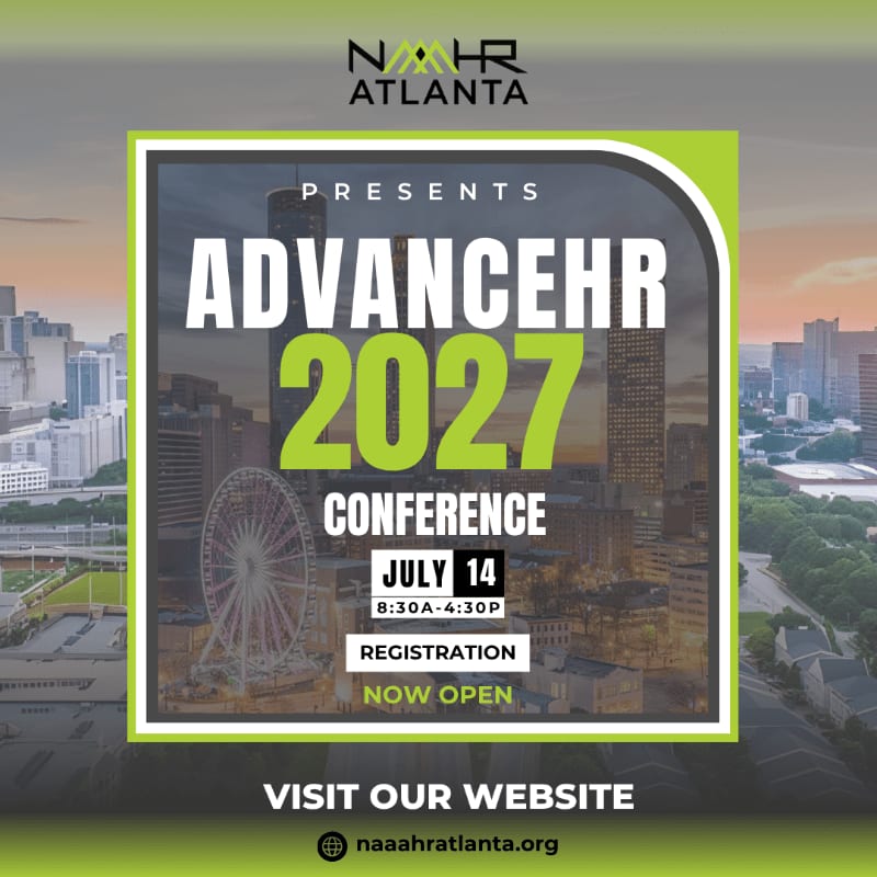 A conference announcement for ADVANCEHR 2027 is overlaid on a cityscape with a Ferris wheel in the foreground and skyscrapers in the background.
