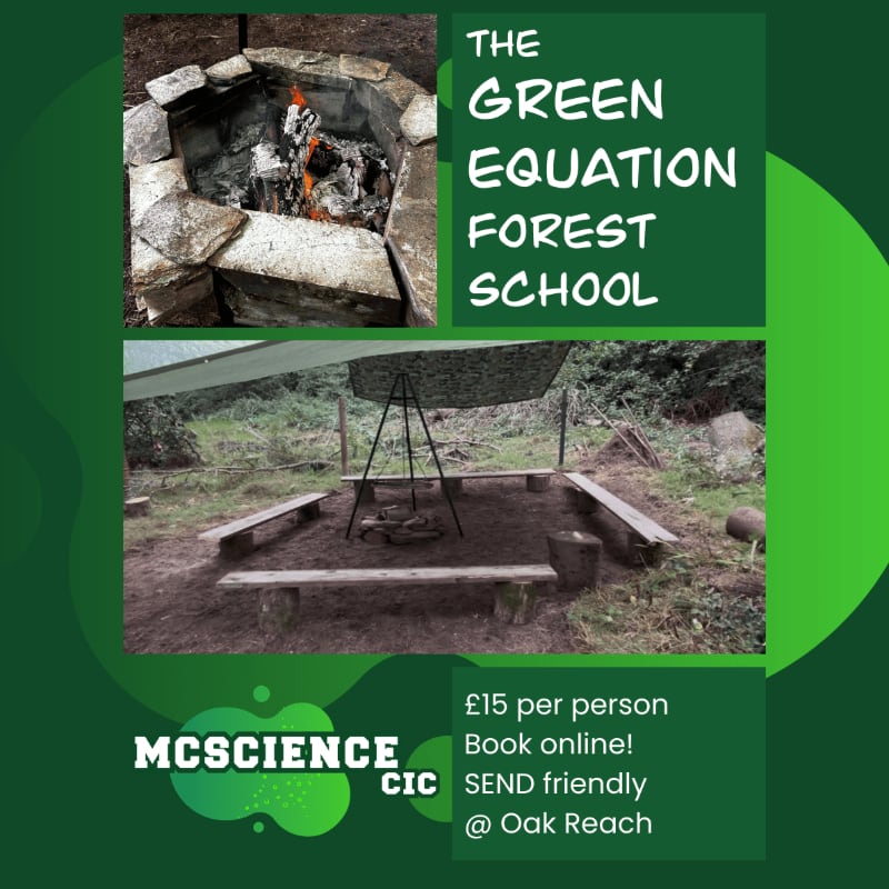 A stone fire pit with flames in the foreground is juxtaposed with a sheltered seating area in the background, all under the banner of "The Green Equation Forest School."