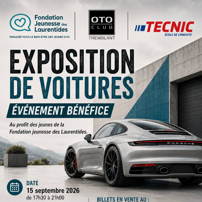 A sleek silver Porsche is parked in front of a modern garage with a mountainous landscape in the background, advertising a car exhibition and benefit event.