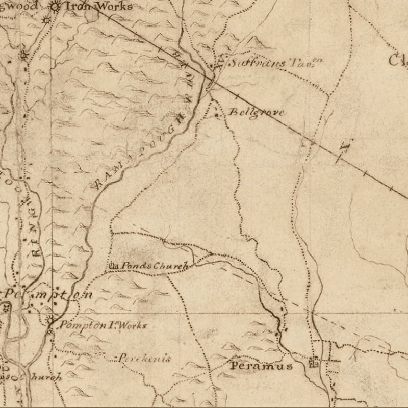 An old map shows a winding river and roads in the foreground, with scattered settlements and iron works, against a backdrop of hills and more distant roads.