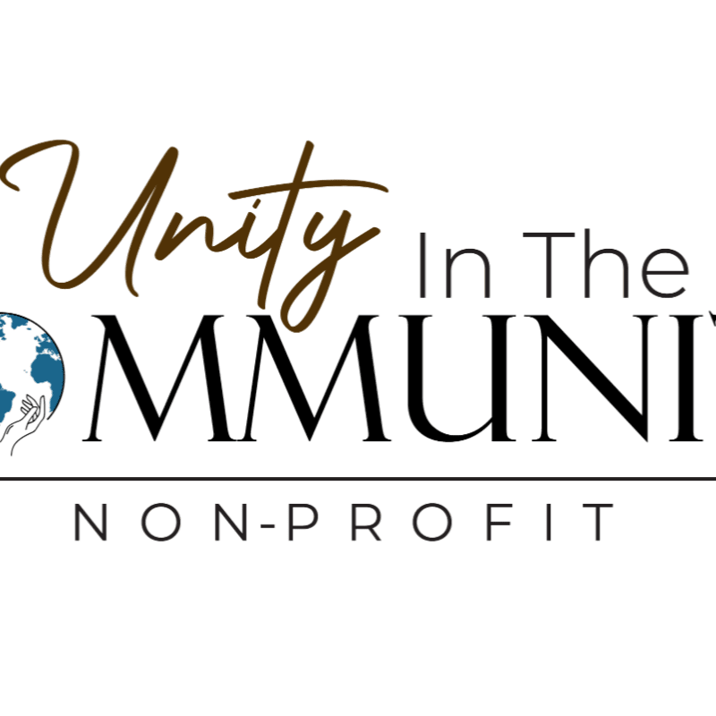 A logo with the words "Unity In The Community" in the foreground, featuring a globe with hands on the left, and "NON-PROFIT" centered below, against a white background.