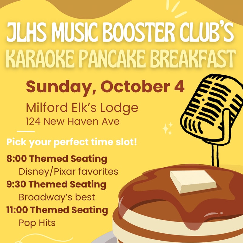 A stack of pancakes with butter and syrup sits in the foreground, while the background features a vintage microphone and text announcing a karaoke pancake breakfast.