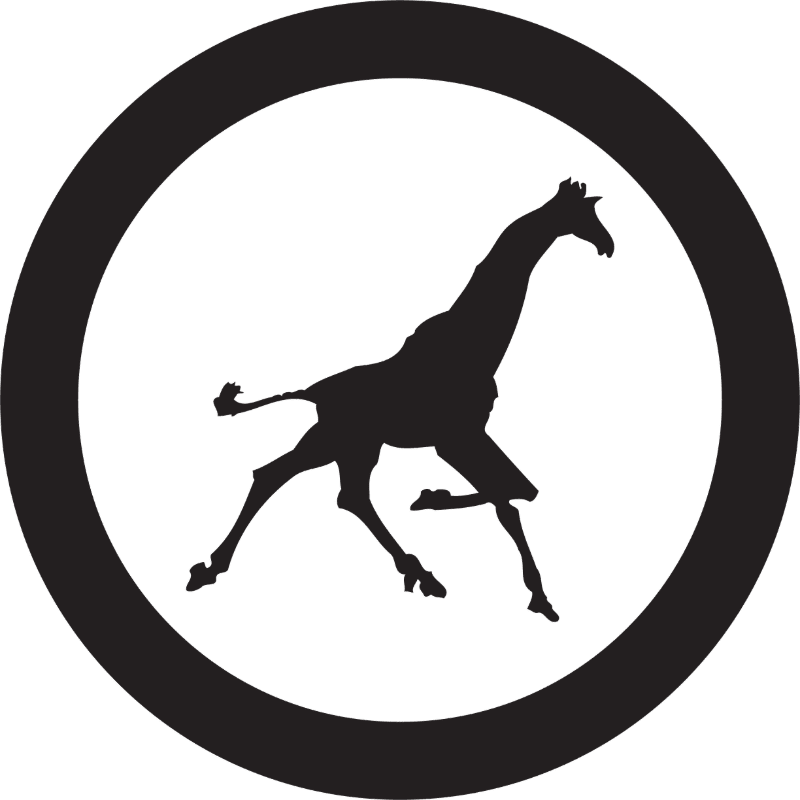 A black silhouette of a running giraffe is centered within a white circle, which is enclosed by a thick black ring.