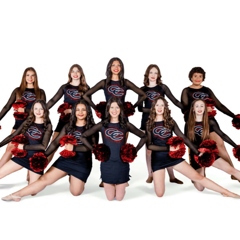 A group of ten cheerleaders in black and red uniforms pose with pom-poms against a white background.