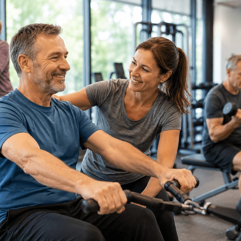 A man rows on a machine in the foreground while a woman encourages him, with other gym-goers visible in the blurred background.