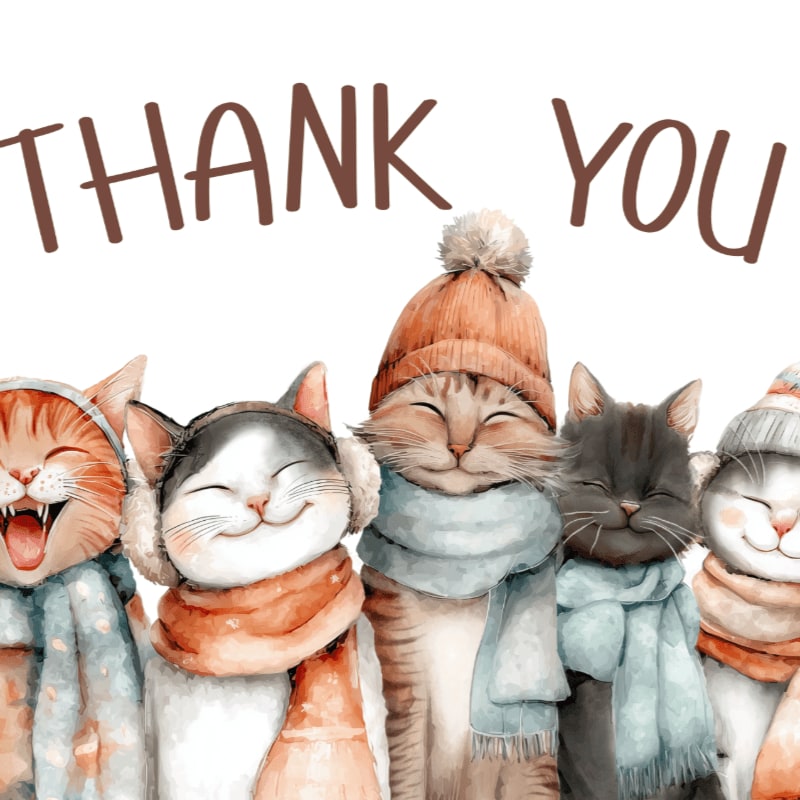 Five cartoon cats wearing winter hats and scarves stand in the foreground, with the words "THANK YOU" written in large brown letters across the white background.