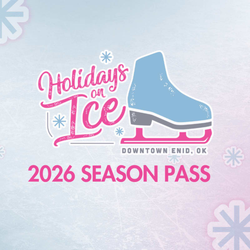 A light blue ice skate with "Holidays on Ice" and "Downtown Enid, OK 2026 Season Pass" text is centered against a soft, gradient background of light blue and pink with snowflake accents.