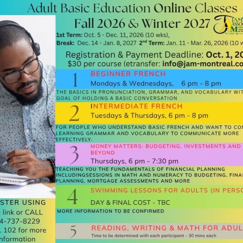 A man wearing glasses studies at a desk in the foreground, while the background displays information about adult basic education online classes for Fall 2026 & Winter 2027.