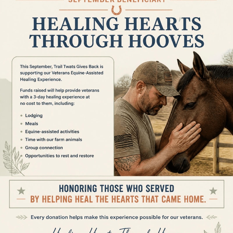A man in a cap with an American flag patch gently touches a horse's head in the foreground, while the background features text about a "Healing Hearts Through Hooves" program supporting veterans.