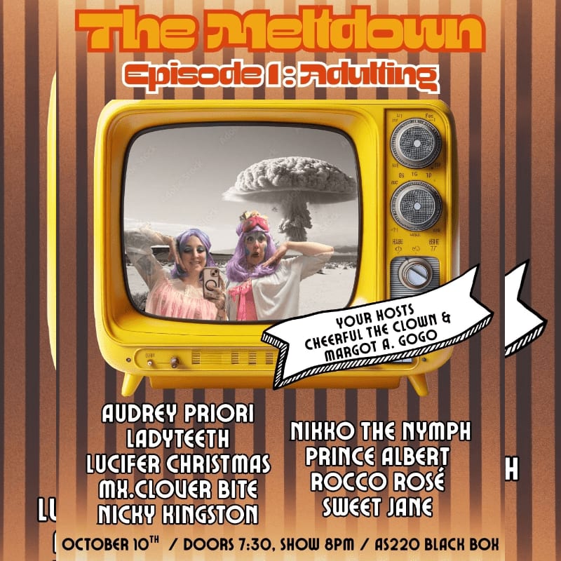 Two women in colorful outfits pose in front of a mushroom cloud on a vintage television screen, with event details and performer names listed below against a striped background.