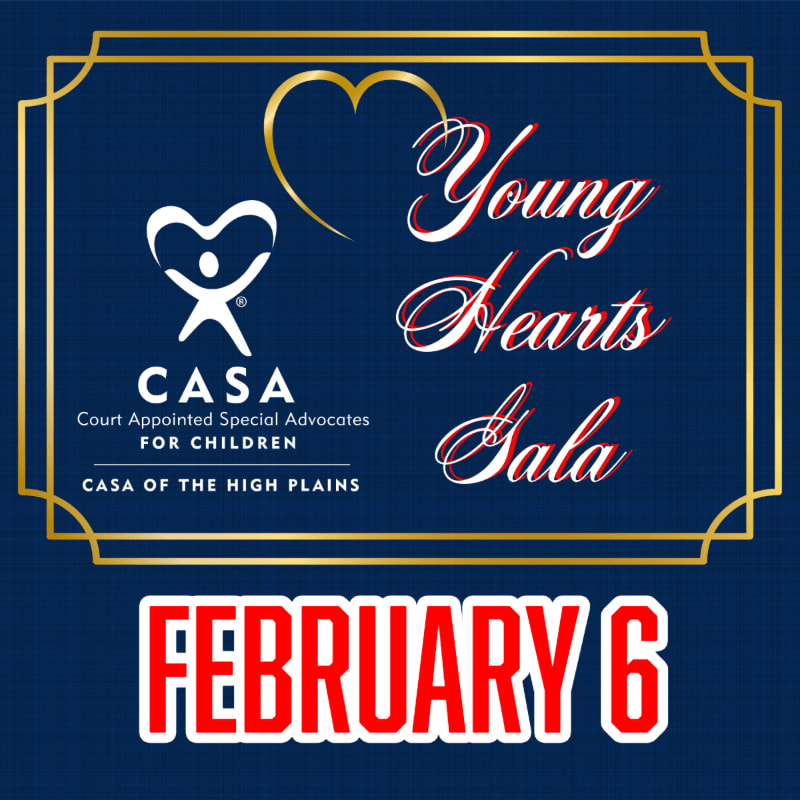 A dark blue background with a gold ornate frame in the upper half contains the CASA logo and "Young Hearts Gala" text, while the bottom half prominently displays "FEBRUARY 6" in red and white lettering.