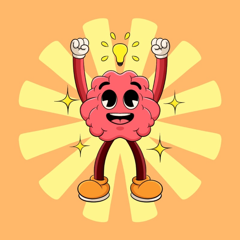 A cartoon brain with its arms raised in victory, a lightbulb glowing above its head, stands against a radiating yellow and orange background with sparkling stars.