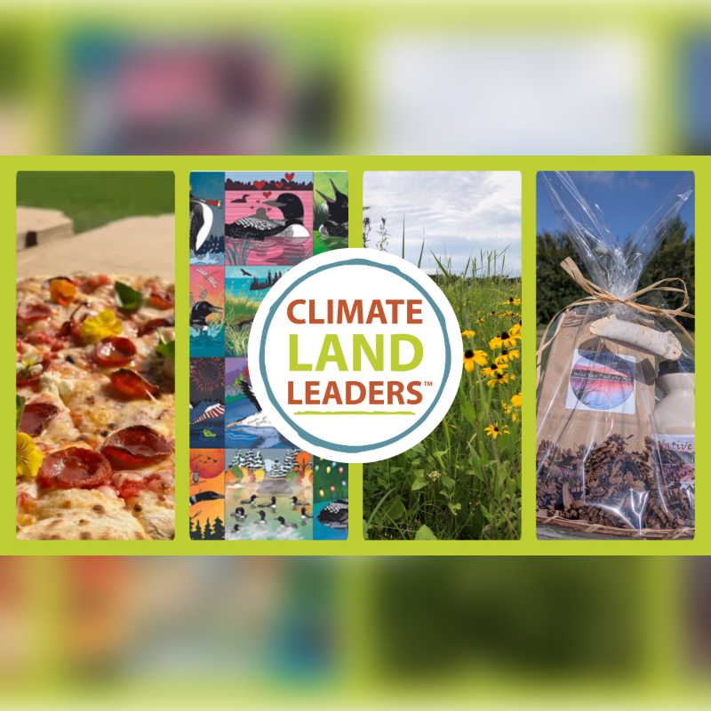 A pepperoni pizza sits in the foreground, while the background features a collage of nature scenes, a "Climate Land Leaders" logo, a field of yellow flowers, and a gift basket.