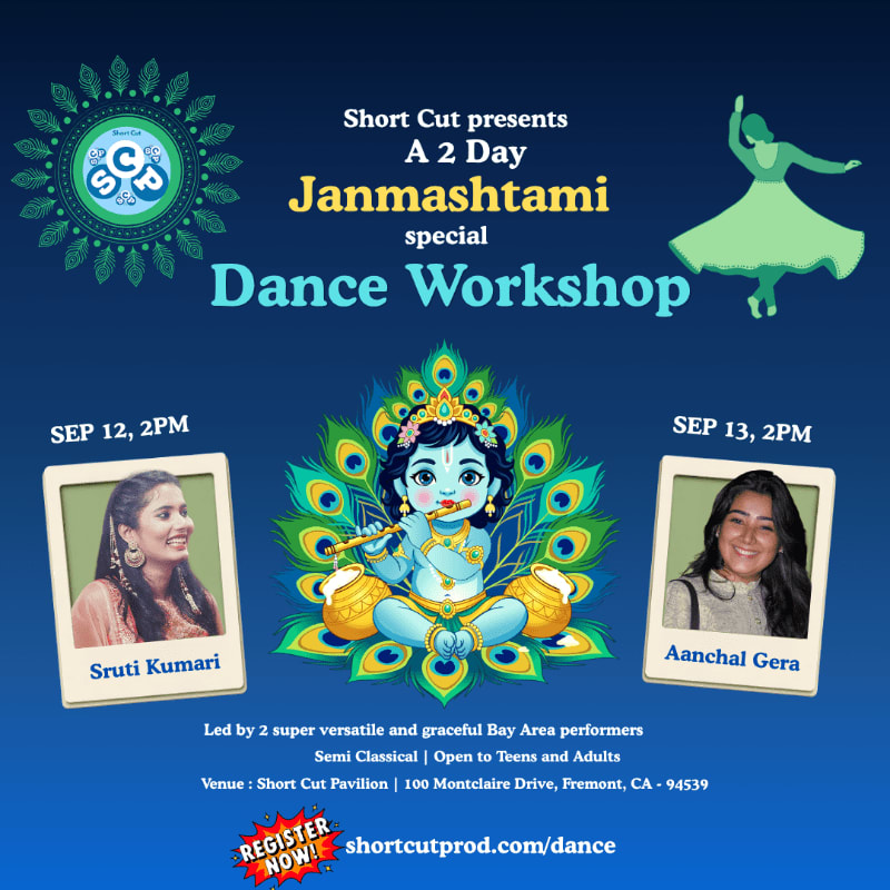A flyer advertises a two-day Janmashtami special dance workshop featuring Sruti Kumari and Aanchal Gera, with a central image of baby Krishna playing a flute surrounded by peacock feathers.