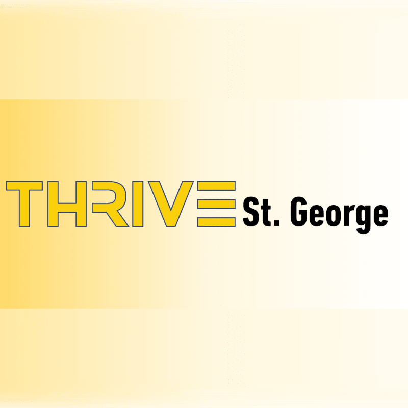 Yellow text reading "THRIVE St. George" is centered on a soft yellow gradient background.