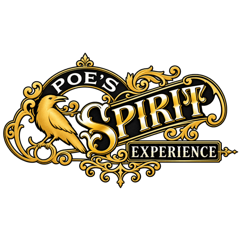A golden raven sits on ornate scrollwork to the left of the words "POE'S SPIRIT EXPERIENCE" in bold, stylized lettering against a white background.