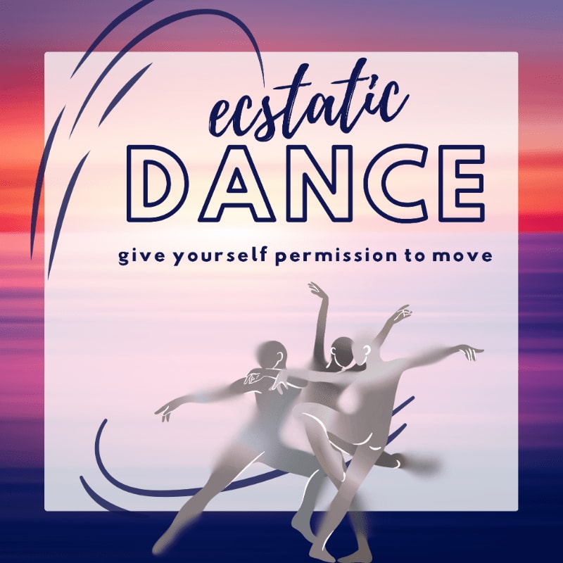 Silhouetted dancers in motion are superimposed on a vibrant sunset sky with the words "ecstatic DANCE give yourself permission to move" in the foreground.