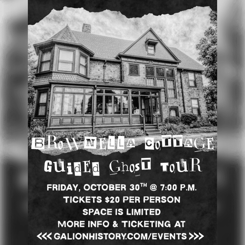 A black and white image features a large, old house in the background with text overlaying the bottom half, advertising a guided ghost tour.
