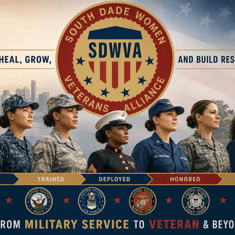Five women in military uniforms stand in the foreground with a city skyline and American flag in the background, under a circular logo for the South Dade Women Veterans Alliance.