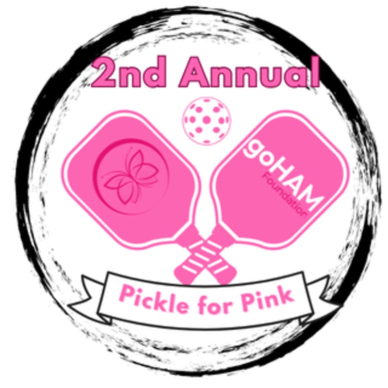 Two pink pickleball paddles and a ball are centered within a black, distressed circle, with "2nd Annual Pickle for Pink" text above and below, all on a white background.