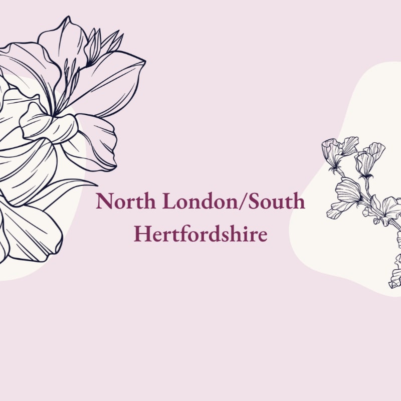 Delicate line drawings of flowers frame the text "North London/South Hertfordshire" against a soft, gradient pink background.