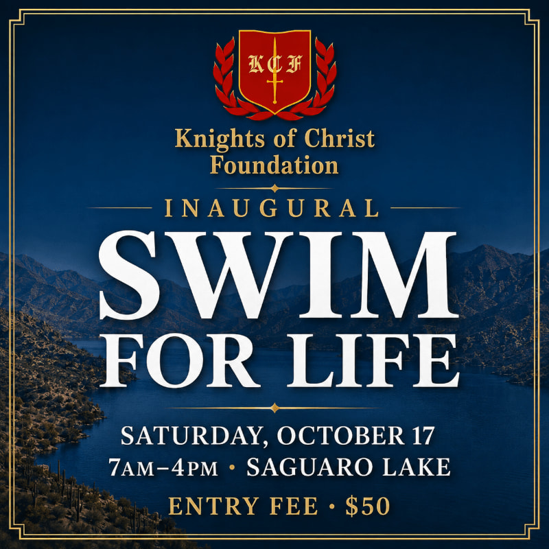 A dark blue background with a lake and mountains in the background features the text "Knights of Christ Foundation Inaugural Swim for Life" in the foreground.