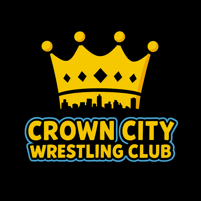 A golden crown with a city skyline silhouette sits above bold yellow text that reads "CROWN CITY WRESTLING CLUB" on a black background.