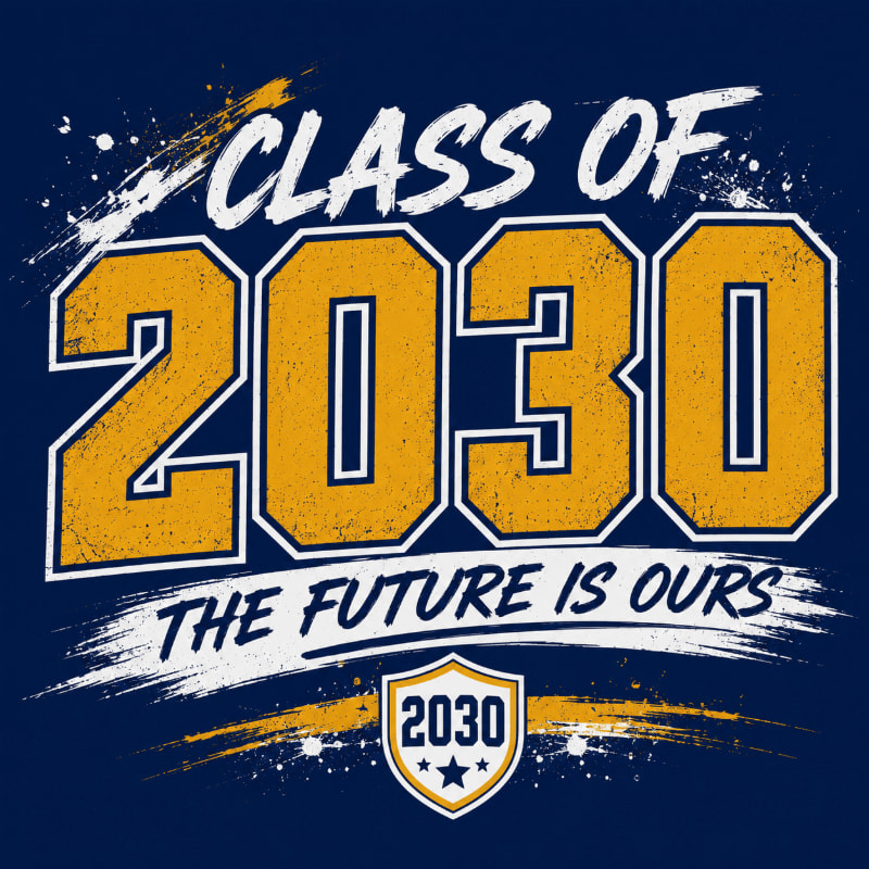 Bold yellow numbers "2030" with white outlines and a distressed paint splatter effect are prominently displayed in the foreground against a dark blue background, with the text "CLASS OF" above and "THE FUTURE IS OURS" below, all framed by a small shield with "2030" inside.