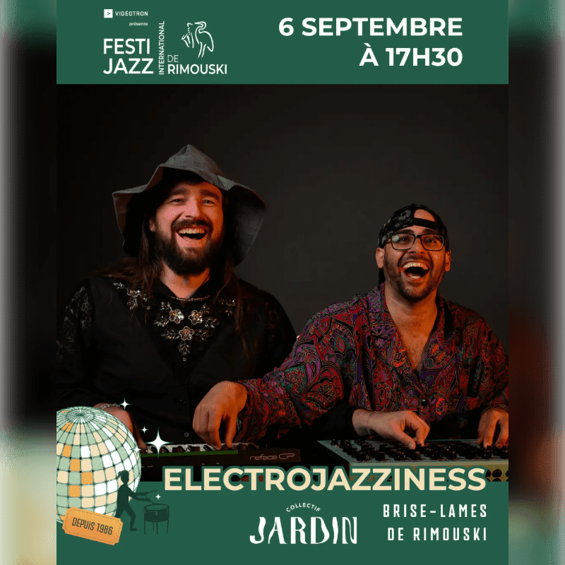 Two men in hats and colorful shirts laugh while playing keyboards in the foreground, with a disco ball and event details in the background.